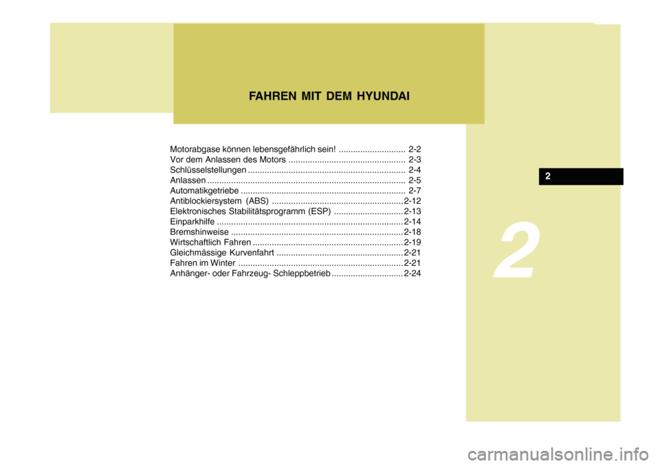 Hyundai Azera 2011  Betriebsanleitung (in German) 2
Motorabgase können lebensgefährlich sein! ............................ 2-2 
Vor dem Anlassen des Motors ................................................. 2-3Schlüsselstellungen...................