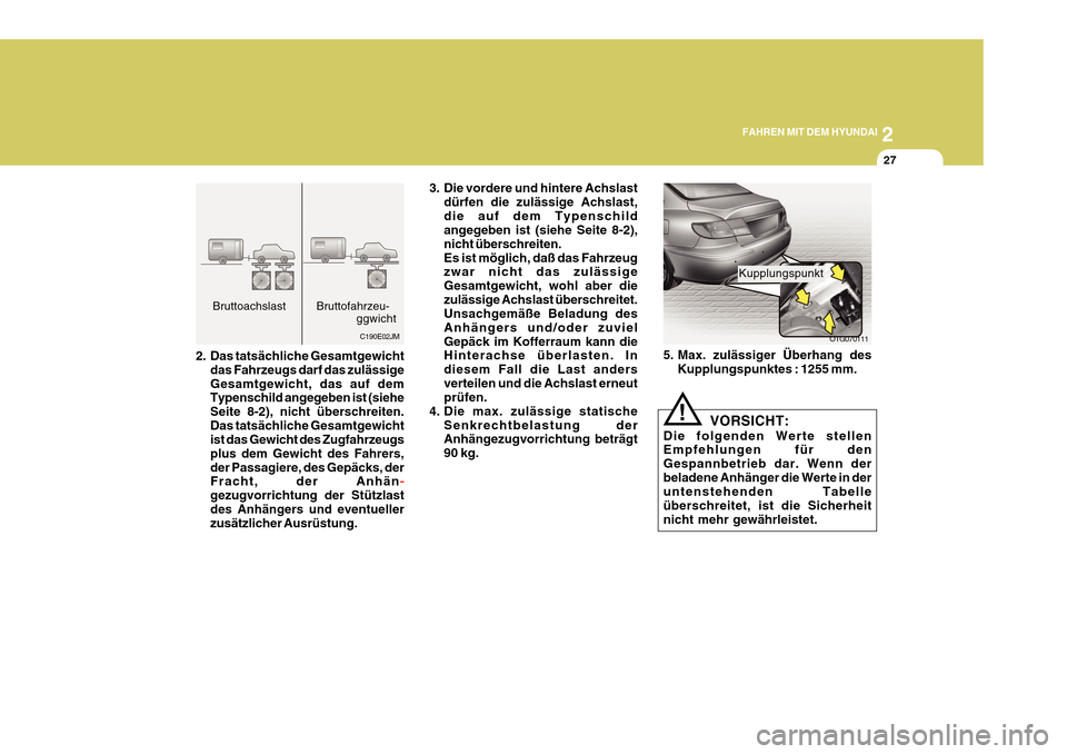Hyundai Azera 2011  Betriebsanleitung (in German) 2
FAHREN MIT DEM HYUNDAI
27
C190E02JM
Bruttoachslast Bruttofahrzeu-
ggwicht
2. Das tatsächliche Gesamtgewicht
das Fahrzeugs darf das zulässige Gesamtgewicht, das auf dem Typenschild angegeben ist (s
