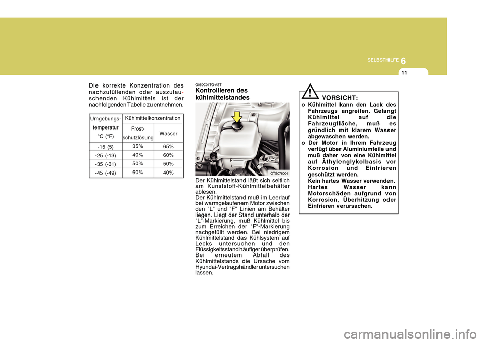Hyundai Azera 2011  Betriebsanleitung (in German) 6
SELBSTHILFE
11
VORSICHT:
o Kühlmittel kann den Lack des Fahrzeugs angreifen. Gelangt Kühlmittel auf die Fahrzeugfläche, muß esgründlich mit klarem Wasser abgewaschen werden.
o Der Motor in Ihre