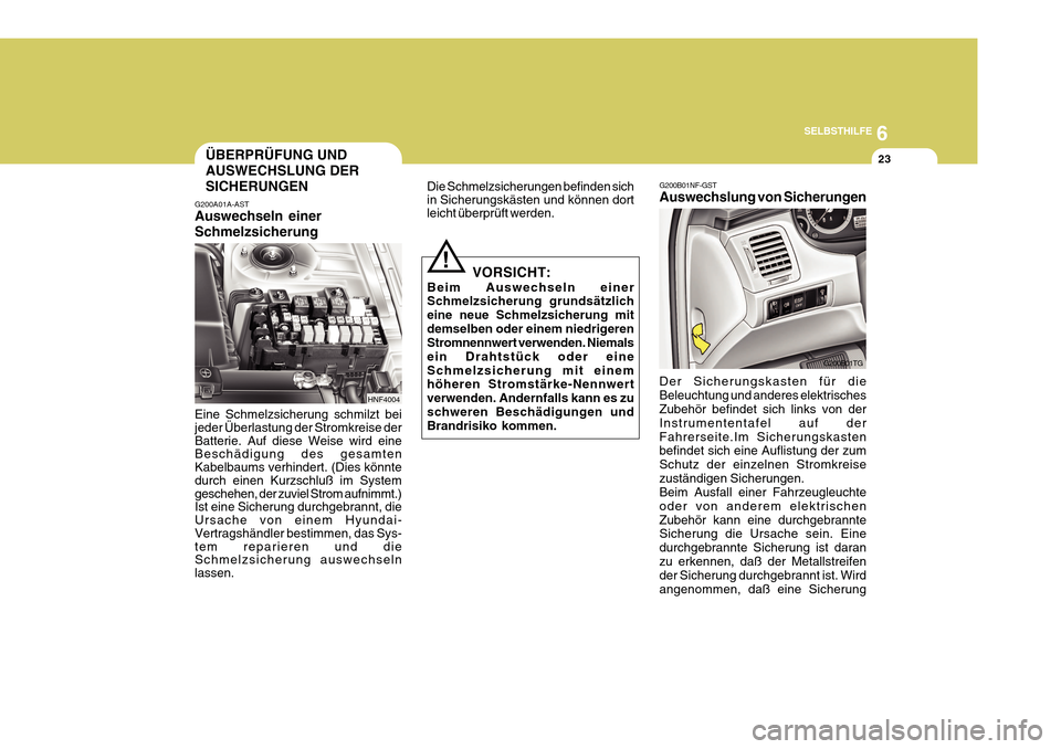 Hyundai Azera 2011  Betriebsanleitung (in German) 6
SELBSTHILFE
23ÜBERPRÜFUNG UND AUSWECHSLUNG DERSICHERUNGEN
G200A01A-AST Auswechseln einer Schmelzsicherung Eine Schmelzsicherung schmilzt bei jeder Überlastung der Stromkreise der Batterie. Auf di