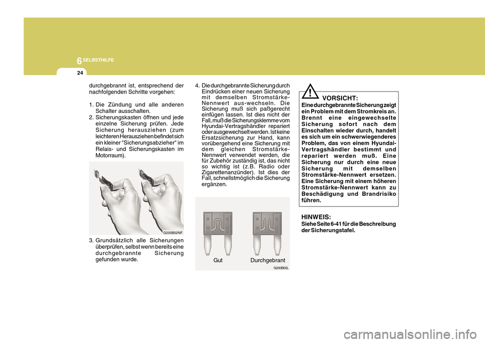Hyundai Azera 2011  Betriebsanleitung (in German) 6SELBSTHILFE
24
4. Die durchgebrannte Sicherung durchEindrücken einer neuen Sicherung mit demselben Stromstärke- Nennwert aus-wechseln. DieSicherung muß sich paßgerecht einfügen lassen. Ist dies 