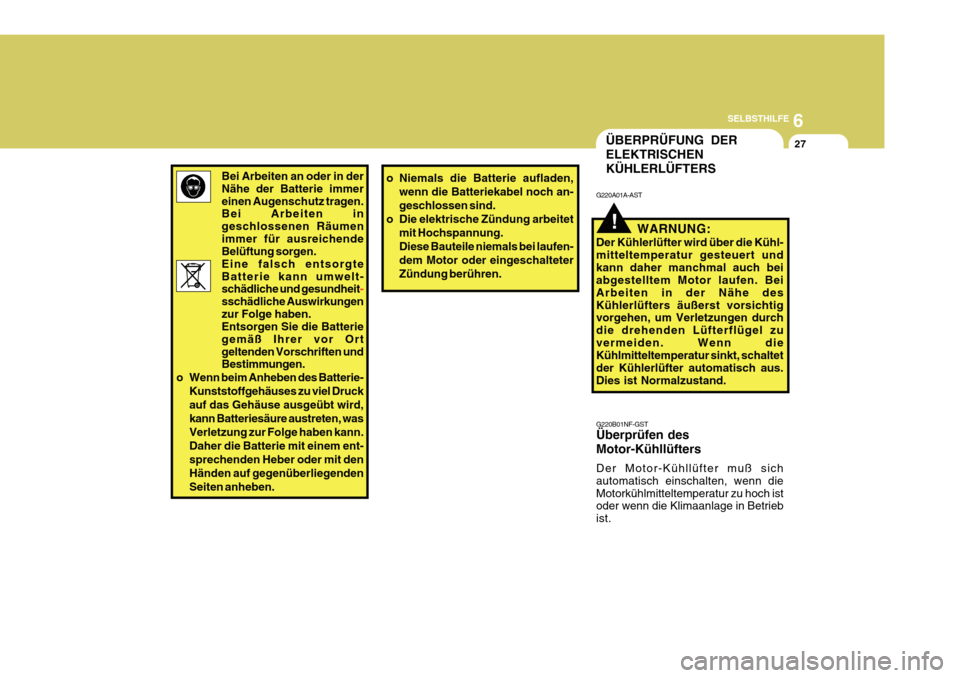 Hyundai Azera 2011  Betriebsanleitung (in German) 6
SELBSTHILFE
27
Bei Arbeiten an oder in der Nähe der Batterie immereinen Augenschutz tragen. Bei Arbeiten in geschlossenen Räumenimmer für ausreichende Belüftung sorgen. Eine falsch entsorgteBatt