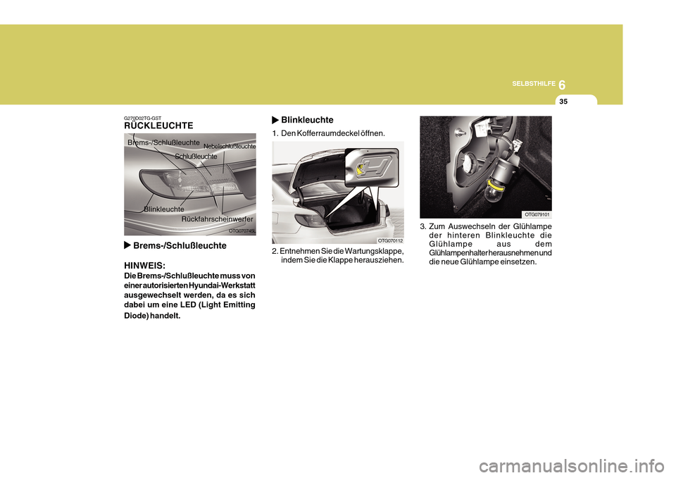 Hyundai Azera 2011  Betriebsanleitung (in German) 6
SELBSTHILFE
35
3. Zum Auswechseln der Glühlampe der hinteren Blinkleuchte die Glühlampe aus dem Glühlampenhalter herausnehmen und die neue Glühlampe einsetzen.
OTG079101
2. Entnehmen Sie die War