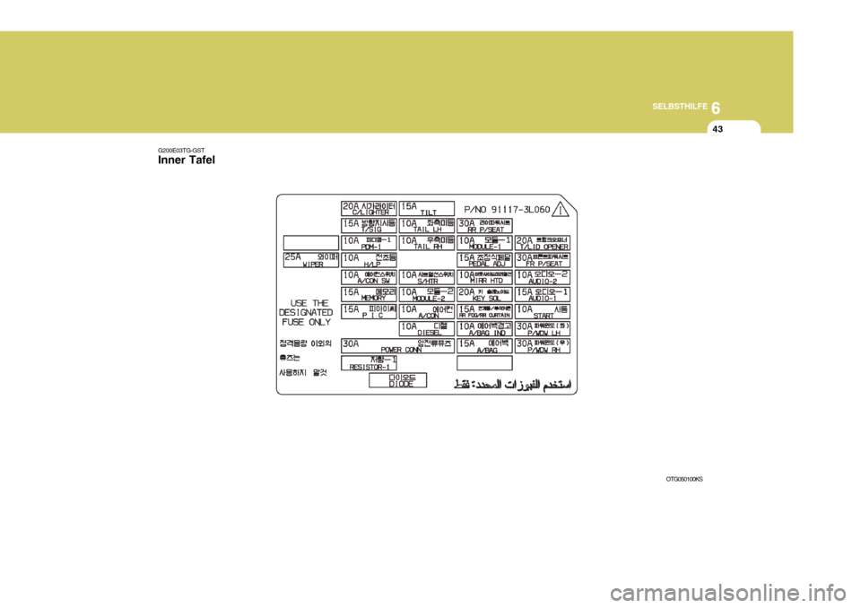Hyundai Azera 2011  Betriebsanleitung (in German) 6
SELBSTHILFE
43
G200E03TG-GST Inner Tafel
OTG050100KS  
