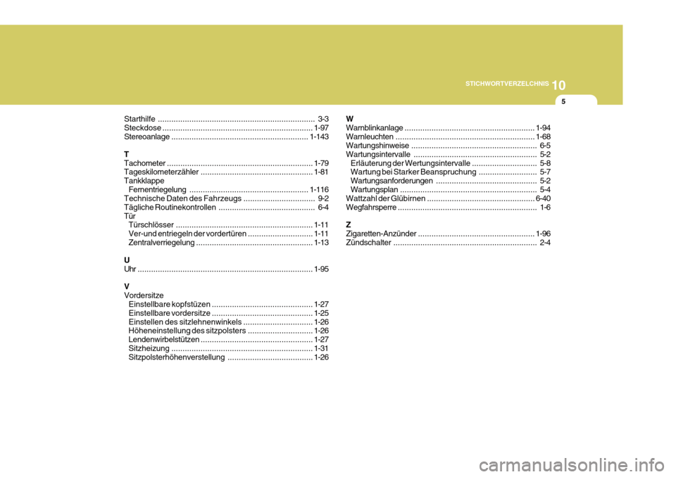 Hyundai Azera 2011  Betriebsanleitung (in German) 10
STICHWORTVERZELCHNIS
5
Starthilfe ...................................................................... 3-3
Steckdose ................................................................... 1-97
Stere