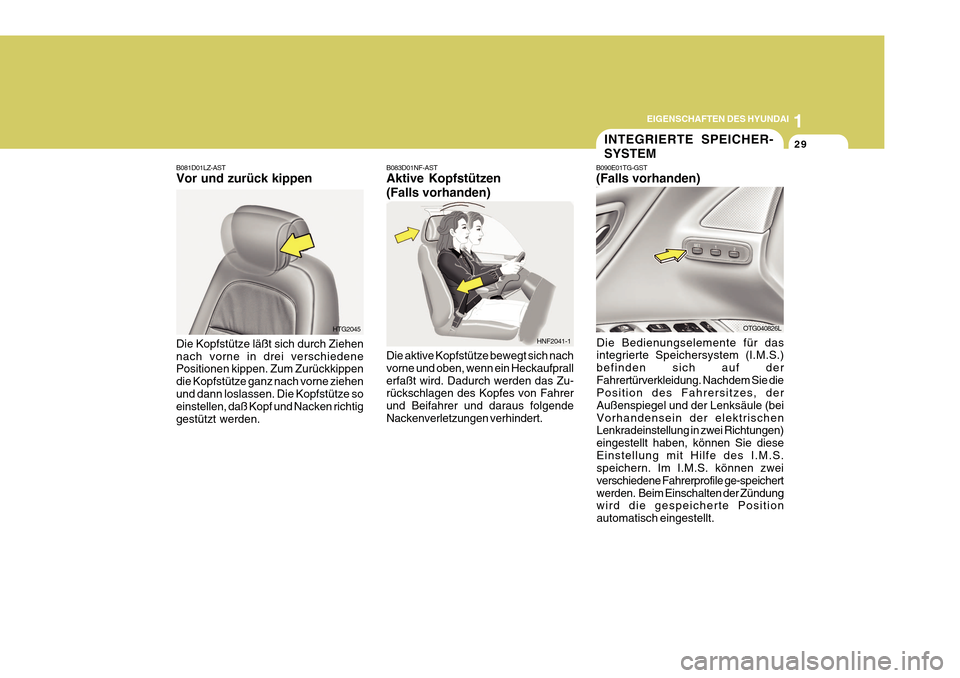 Hyundai Azera 2011  Betriebsanleitung (in German) 1
EIGENSCHAFTEN DES HYUNDAI
29INTEGRIERTE SPEICHER- SYSTEM
B090E01TG-GST (Falls vorhanden)
Die Bedienungselemente für das integrierte Speichersystem (I.M.S.) befinden sich auf der
Fahrertürverkleidu