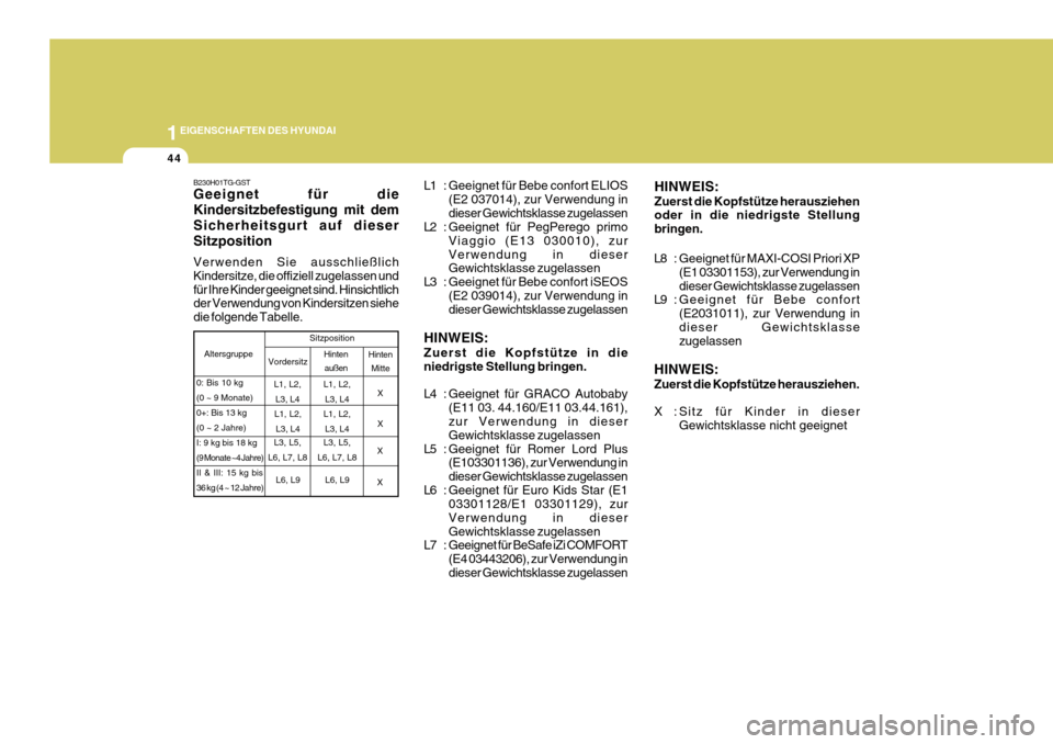 Hyundai Azera 2011  Betriebsanleitung (in German) 1EIGENSCHAFTEN DES HYUNDAI
44
L8 : Geeignet für MAXI-COSI Priori XP(E1 03301153), zur Verwendung in dieser Gewichtsklasse zugelassen
L9 : Geeignet für Bebe confort
(E2031011), zur Verwendung indiese
