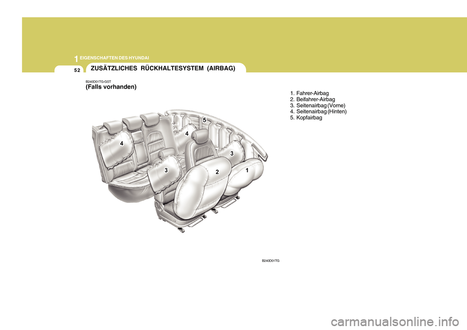 Hyundai Azera 2011  Betriebsanleitung (in German) 1EIGENSCHAFTEN DES HYUNDAI
52ZUSÄTZLICHES RÜCKHALTESYSTEM (AIRBAG)
1. Fahrer-Airbag 
2. Beifahrer-Airbag
3. Seitenairbag (Vorne) 
4. Seitenairbag (Hinten) 
5. Kopfairbag
B240D01TG
B240D01TG-GST (Fal