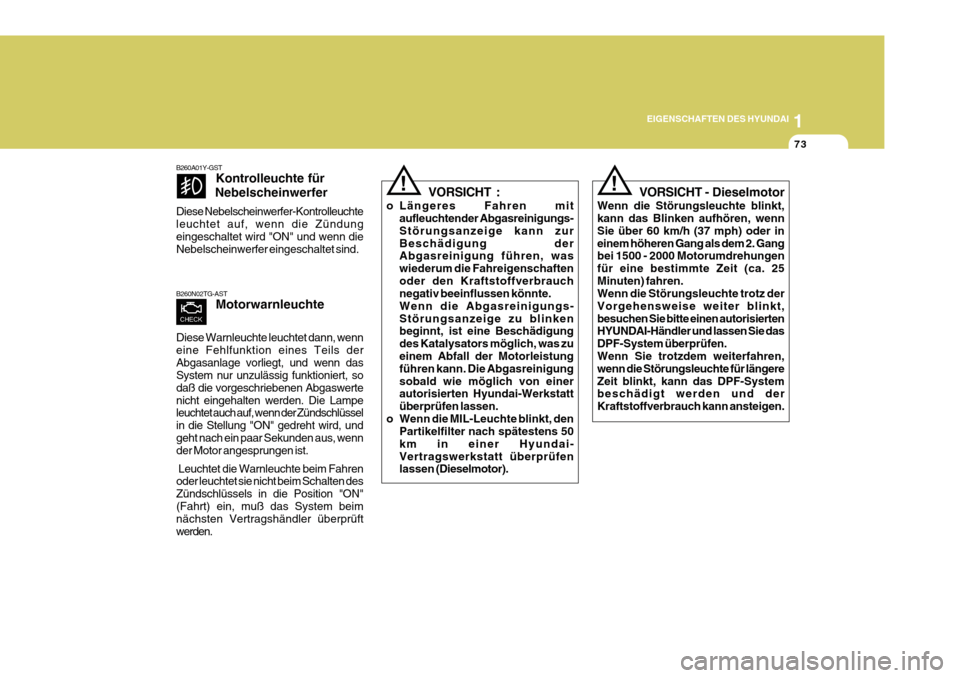 Hyundai Azera 2011  Betriebsanleitung (in German) 1
EIGENSCHAFTEN DES HYUNDAI
73
B260N02TG-AST Motorwarnleuchte
Diese Warnleuchte leuchtet dann, wenn eine Fehlfunktion eines Teils derAbgasanlage vorliegt, und wenn das System nur unzulässig funktioni
