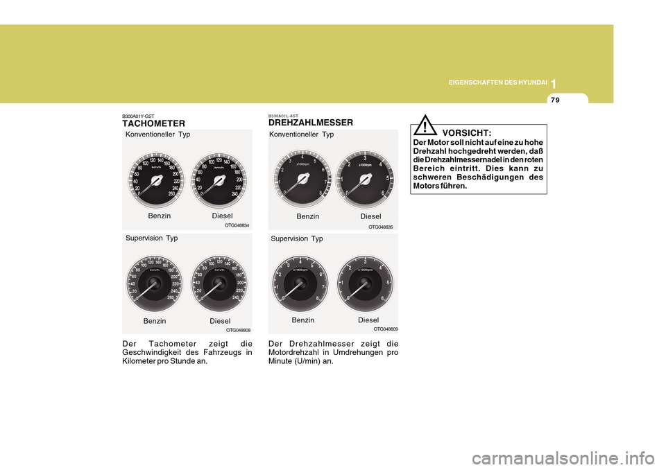 Hyundai Azera 2011  Betriebsanleitung (in German) 1
EIGENSCHAFTEN DES HYUNDAI
79
OTG048835
OTG048834
OTG048808
OTG048809
B330A01L-AST
DREHZAHLMESSER Der Drehzahlmesser zeigt die Motordrehzahl in Umdrehungen pro Minute (U/min) an. VORSICHT:
Der Motor 