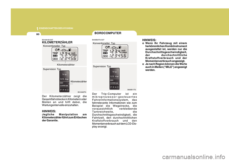 Hyundai Azera 2011  Betriebsanleitung (in German) 1EIGENSCHAFTEN DES HYUNDAI
80BORDCOMPUTER
B400B02TG-GST Der Trip-Computer ist ein mikroprozessor-gesteuertes Fahrerinformationssystem, das fahrrelevante Informationen wie zumBeispiel die Wegstrecke, d
