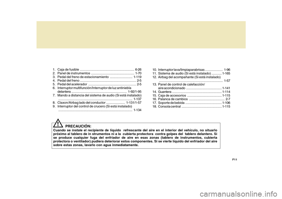 Hyundai Azera 2011  Manual del propietario (in Spanish) F11
 1. Caja 
de fusible .......................................................... 6-26
 2. Panel de  instrumentos ....... ....................................... 1-70
 3. Pedal del  freno de estacio