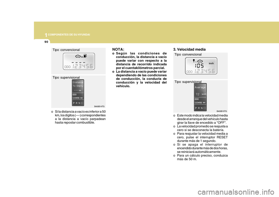 Hyundai Azera 2011  Manual del propietario (in Spanish) 1COMPONENTES DE SU HYUNDAI
90
B400B15TG
Tipo  convencional Tipo  supervisional
3. Velocidad media 
o Este modo indica la velocidad media
desde el arranque del vehículo hasta girar la llave de encedid