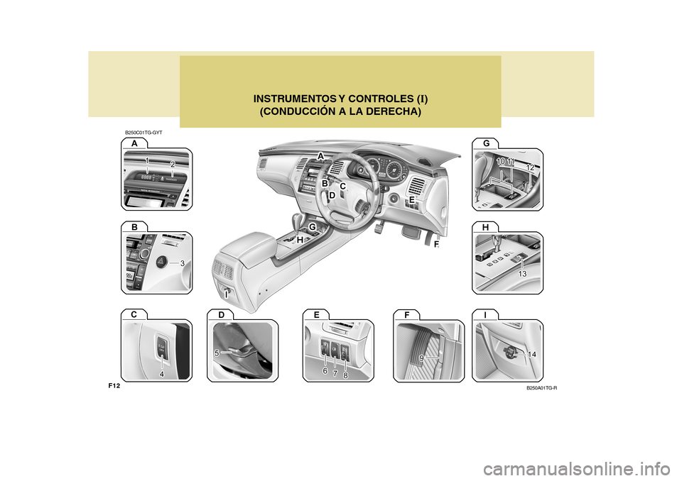 Hyundai Azera 2011  Manual del propietario (in Spanish) F12
INSTRUMENTOS Y  CONTROLES  (I)
(CONDUCCIÓN A LA DERECHA)
B250C01TG-GYT
B250A01TG-R  