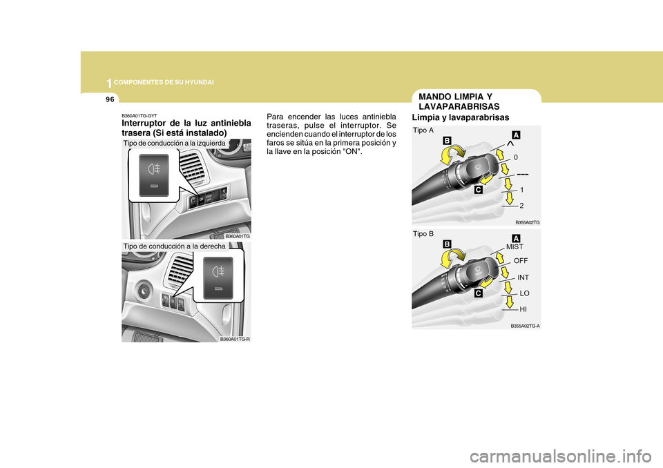 Hyundai Azera 2011  Manual del propietario (in Spanish) 1COMPONENTES DE SU HYUNDAI
96
B360A01TG
B360A01TG-GYT Interruptor de la luz antiniebla trasera (Si está instalado)
B360A01TG-R
Tipo de conducción a la izquierda
Tipo de conducción a la derecha
Para