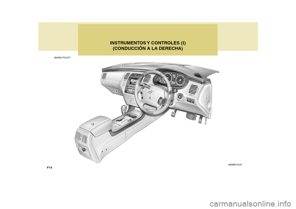 Hyundai Azera 2011  Manual del propietario (in Spanish) F14
INSTRUMENTOS Y  CONTROLES  (I)
(CONDUCCIÓN A LA DERECHA)
B250D01TG-GYT
B250B01TG-R  