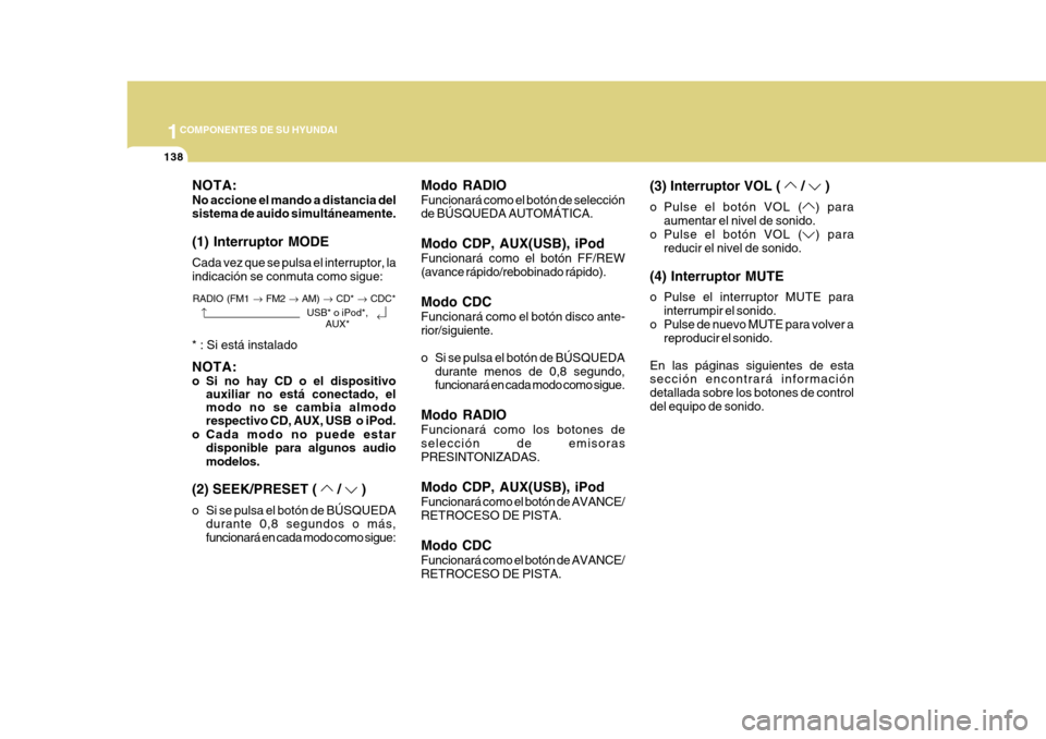 Hyundai Azera 2011  Manual del propietario (in Spanish) 1COMPONENTES DE SU HYUNDAI
138
Modo RADIO Funcionará como el botón de selección de BÚSQUEDA AUTOMÁTICA. Modo CDP, AUX(USB), iPod Funcionará como el botón FF/REW (avance rápido/rebobinado rápi