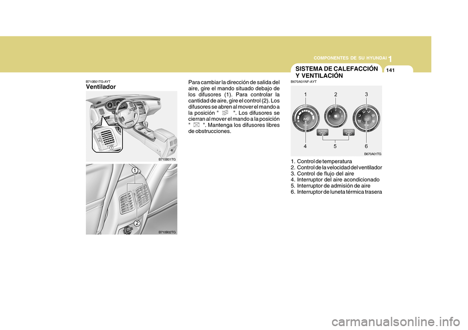 Hyundai Azera 2011  Manual del propietario (in Spanish) 1
COMPONENTES DE SU HYUNDAI
141141
B670A01TG
B670A01NF-AYT 
1. Control de temperatura 
2. Control de la velocidad del ventilador 
3. Control de flujo del aire 
4. Interruptor del aire acondicionado 
5