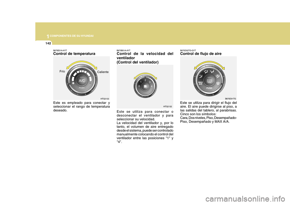 Hyundai Azera 2011  Manual del propietario (in Spanish) 1COMPONENTES DE SU HYUNDAI
142
B670D02TG-GYT Control de flujo de aire Este se utiliza para dirigir el flujo del aire. El aire puede dirigirse al piso, a las salidas del tablero, al parabrisas.Cinco so