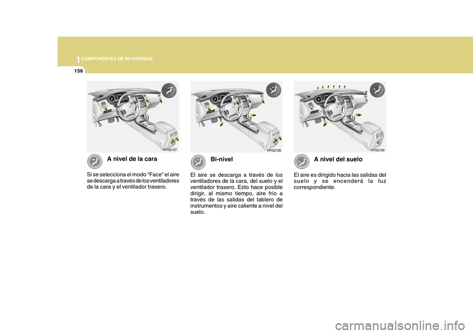 Hyundai Azera 2011  Manual del propietario (in Spanish) 1COMPONENTES DE SU HYUNDAI
156
Bi-nivel
El aire se descarga a través de los ventiladores de la cara, del suelo y el ventilador trasero. Esto hace posibledirigir, al mismo tiempo, aire frío a través