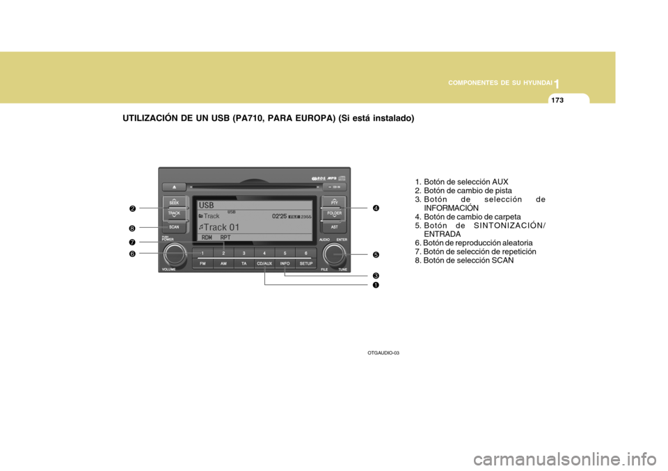 Hyundai Azera 2011  Manual del propietario (in Spanish) 1
COMPONENTES DE SU HYUNDAI
173
UTILIZACIÓN DE UN USB (PA710, PARA EUROPA) (Si está instalado)
1. Botón de selección AUX 
2. Botón de cambio de pista
3. Botón de selección deINFORMACIÓN
4. Bot