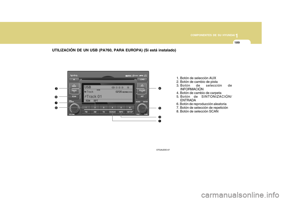 Hyundai Azera 2011  Manual del propietario (in Spanish) 1
COMPONENTES DE SU HYUNDAI
189
UTILIZACIÓN DE UN USB (PA760, PARA EUROPA) (Si está instalado)
1. Botón de selección AUX 2. Botón de cambio de pista
3. Botón de selección deINFORMACIÓN
4. Bot