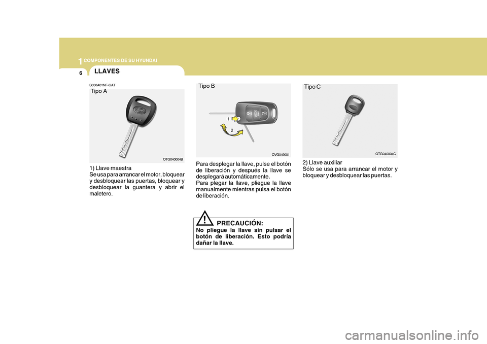 Hyundai Azera 2011  Manual del propietario (in Spanish) 1COMPONENTES DE SU HYUNDAI
6LLAVES
B030A01NF-GAT
OTG040004B
Tipo A Tipo C
OVG049001
Para desplegar la llave, pulse el botón de liberación y después la llave se desplegará automáticamente. Para pl