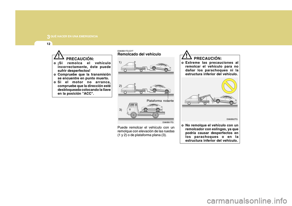 Hyundai Azera 2011  Manual del propietario (in Spanish) 3QUÉ HACER EN UNA EMERGENCIA
12
D080B01TG-GYT Remolcado del vehículo
D080B01TG
Puede remolcar el vehículo con un remolque con elevación de las ruedas (1 y 2) o de plataforma plana (3). 1)
2)
3)
Pl