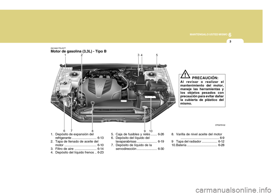 Hyundai Azera 2011  Manual del propietario (in Spanish) 6
MANTENGALO USTED MISMO
3
1. Depósito de expansión del refrigerante ........................... 6-13
2. Tapa de llenado de aceite del motor ................................... 6-10
3. Filtro de  ai