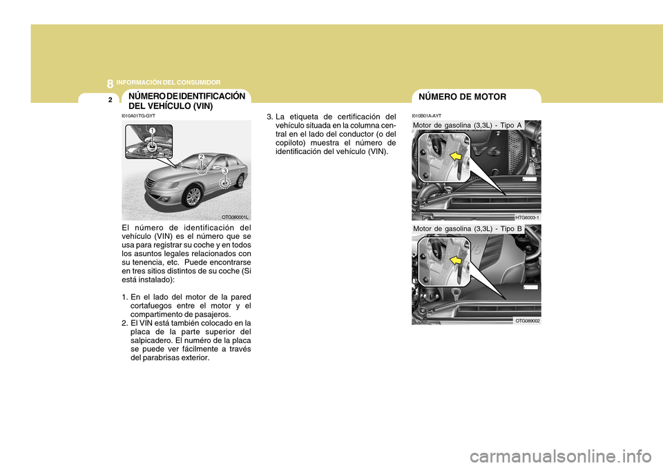 Hyundai Azera 2011  Manual del propietario (in Spanish) 8INFORMACIÓN DEL CONSUMIDOR
2NÚMERO DE MOTORNÚMERO DE IDENTIFICACIÓN DEL VEHÍCULO (VIN)
I010B01A-AYT
I010A01TG-GYT
HTG6003-1
Motor de gasolina (3,3L) - Tipo A
OTG080001L
El número de identificac