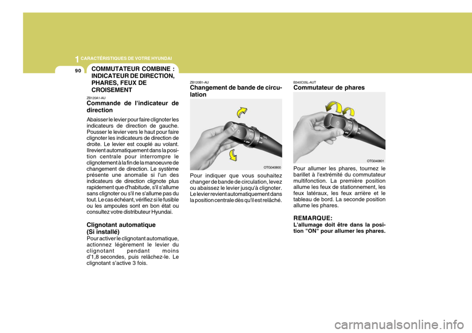 Hyundai Azera 2011  Manuel du propriétaire (in French) 1CARACTÉRISTIQUES DE VOTRE HYUNDAI
90COMMUTATEUR COMBINE : INDICATEUR DE DIRECTION,PHARES, FEUX DE CROISEMENT
ZB120A1-AU Commande de lindicateur de direction Abaisser le levier pour faire clignoter 