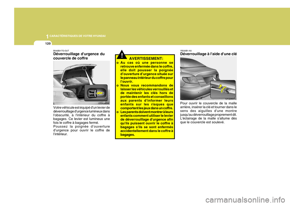 Hyundai Azera 2011  Manuel du propriétaire (in French) 1CARACTÉRISTIQUES DE VOTRE HYUNDAI
120
B540B01TG-GUT Déverrouillage durgence du couvercle de coffre Votre véhicule est équipé dun levier de déverrouillage durgence lumineux danslobscurité, 