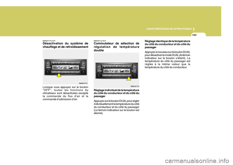 Hyundai Azera 2011  Manuel du propriétaire (in French) 1
CARACTÉRISTIQUES DE VOTRE HYUNDAI
153153153153153
B985A01LZ-GUT Commutateur de sélection de régulation de températuredouble Réglage individuel de la température du côté du conducteur et du c
