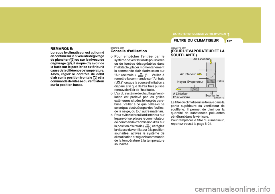 Hyundai Azera 2011  Manuel du propriétaire (in French) 1
CARACTÉRISTIQUES DE VOTRE HYUNDAI
157157157157157FILTRE DU CLIMATISEUR
B760A01TG-GUT (POUR LEVAPORATEUR ET LA SOUFFLANTE) Le filtre du climatiseur se trouve dans la partie supérieure du ventilate