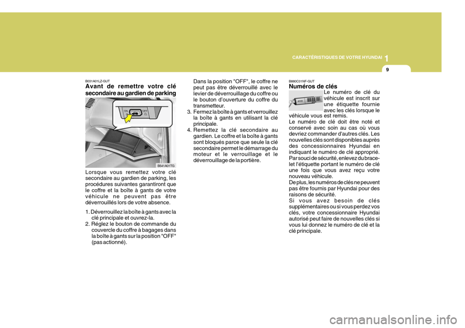 Hyundai Azera 2011  Manuel du propriétaire (in French) 1
CARACTÉRISTIQUES DE VOTRE HYUNDAI
9
B031A01LZ-GUT Avant de remettre votre clé secondaire au gardien de parking Lorsque vous remettez votre clé secondaire au gardien de parking, les procédures su