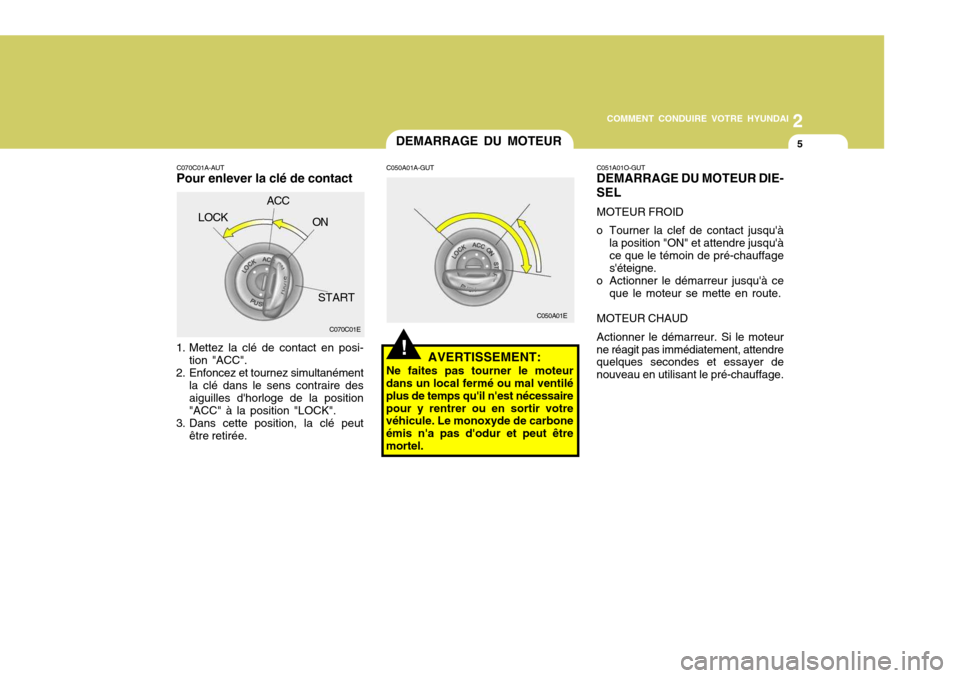 Hyundai Azera 2011  Manuel du propriétaire (in French) 2
COMMENT CONDUIRE VOTRE HYUNDAI
5
C070C01A-AUT Pour enlever la clé de contact
1. Mettez la clé de contact en posi- tion "ACC".
2. Enfoncez et tournez simultanément la clé dans le sens contraire d