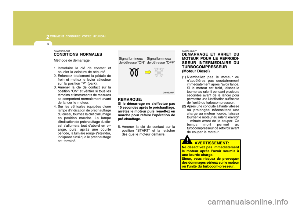 Hyundai Azera 2011  Manuel du propriétaire (in French) 2COMMENT CONDUIRE VOTRE HYUNDAI
6
C050B02TG-GUT CONDITIONS NORMALES Méthode de démarrage: 
1. Introduire la clé de contact etboucler la ceinture de sécurité.
2. Enfoncez totalement la pédale de 