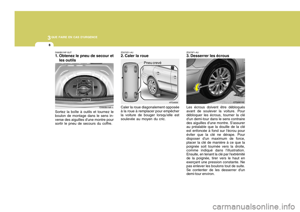 Hyundai Azera 2011 Manuel du propriétaire (in French) 3QUE FAIRE EN CAS DURGENCE
8
HTG4009
Caler la roue diagonalement opposée
à la roue à remplacer pour empêcher la voiture de bouger lorsquelle est soulevée au moyen du cric. ZD070D1-AU
2. Caler Hyundai Azera 2011 Manuel du propriétaire (in French) 3QUE FAIRE EN CAS DURGENCE
8
HTG4009
Caler la roue diagonalement opposée
à la roue à remplacer pour empêcher la voiture de bouger lorsquelle est soulevée au moyen du cric. ZD070D1-AU
2. Caler
