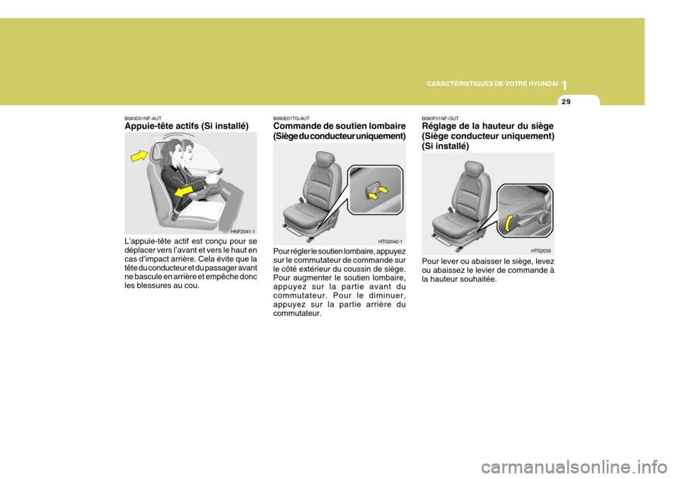 Hyundai Azera 2011  Manuel du propriétaire (in French) 1
CARACTÉRISTIQUES DE VOTRE HYUNDAI
29
B080F01NF-GUT Réglage de la hauteur du siège (Siège conducteur uniquement)(Si installé) Pour lever ou abaisser le siège, levez ou abaissez le levier de com