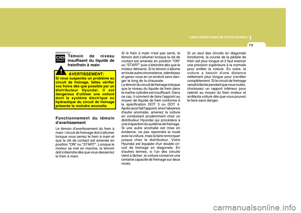 Hyundai Azera 2011 Manuel du propriétaire (in French) 1
CARACTÉRISTIQUES DE VOTRE HYUNDAI
73
!
Si le frein à main nest pas serré, le témoin doit sallumer lorsque la clé decontact est amenée en position "ON" ou "START" puis séteindre dès que le Hyundai Azera 2011 Manuel du propriétaire (in French) 1
CARACTÉRISTIQUES DE VOTRE HYUNDAI
73
!
Si le frein à main nest pas serré, le témoin doit sallumer lorsque la clé decontact est amenée en position "ON" ou "START" puis séteindre dès que le