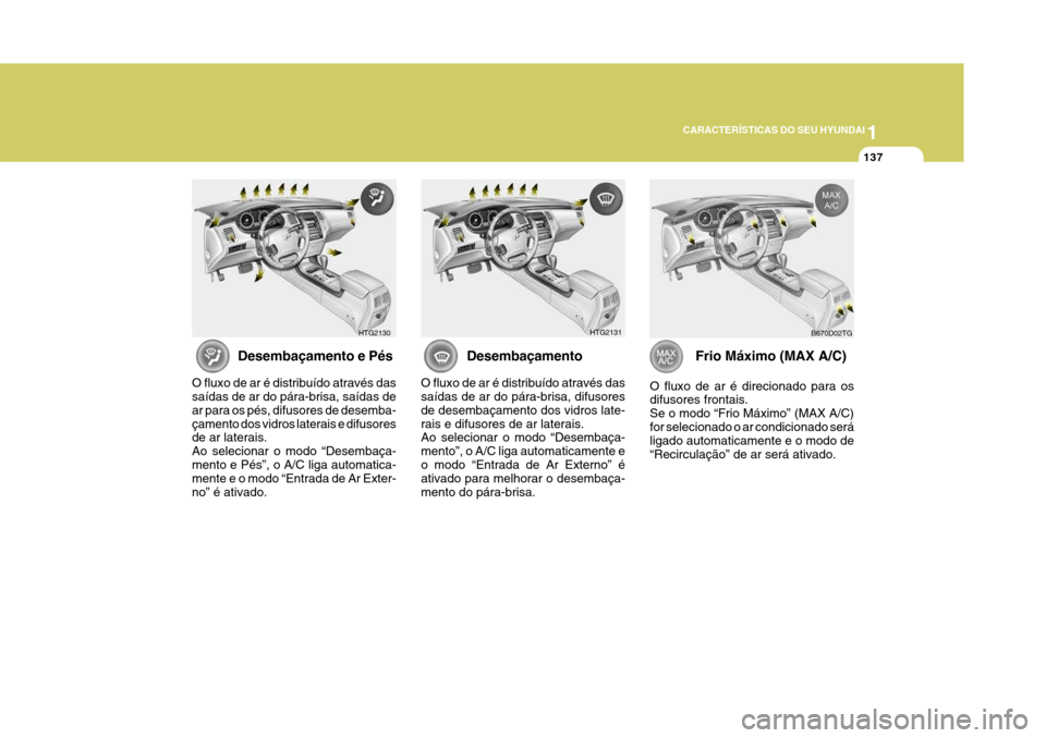 Hyundai Azera 2011  Manual do proprietário (in Portuguese) 1
CARACTERÍSTICAS DO SEU HYUNDAI
137
Desembaçamento
O fluxo de ar é distribuído através das saídas de ar do pára-brisa, difusores de desembaçamento dos vidros late-rais e difusores de ar later
