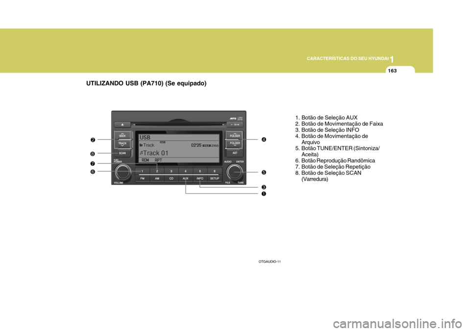 Hyundai Azera 2011  Manual do proprietário (in Portuguese) 1
CARACTERÍSTICAS DO SEU HYUNDAI
163
UTILIZANDO USB (PA710) (Se equipado)
1. Botão de Seleção AUX 
2. Botão de Movimentação de Faixa 
3. Botão de Seleção INFO 
4. Botão de Movimentação de