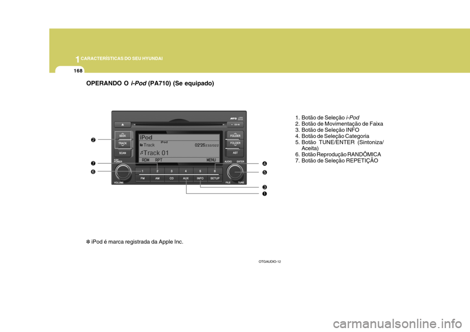 Hyundai Azera 2011  Manual do proprietário (in Portuguese) 1CARACTERÍSTICAS DO SEU HYUNDAI
168
OPERANDO O 
i-Pod (PA710) (Se equipado)
1. Botão de Seleção 
i-Pod
2. Botão de Movimentação de Faixa 
3. Botão de Seleção INFO 
4. Botão de Seleção Cat