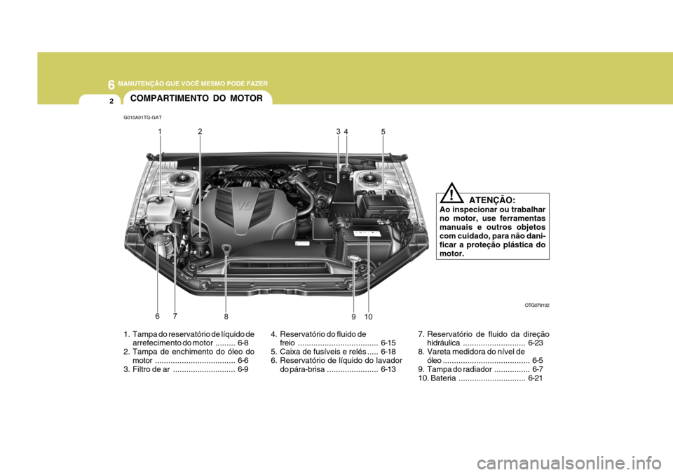 Hyundai Azera 2011  Manual do proprietário (in Portuguese) 6 MANUTENÇÃO QUE VOCÊ MESMO PODE FAZER
2
G010A01TG-GATCOMPARTIMENTO DO MOTOR
OTG079102
ATENÇÃO:
Ao inspecionar ou trabalhar no motor, use ferramentasmanuais e outros objetos com cuidado, para nã