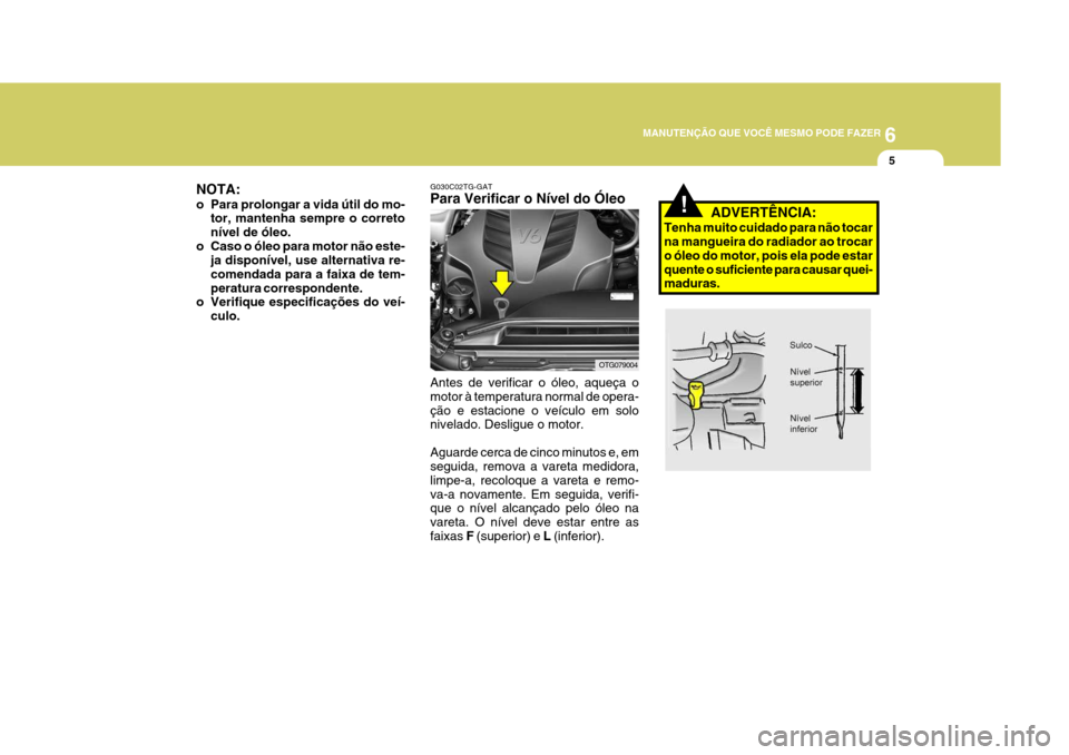 Hyundai Azera 2011  Manual do proprietário (in Portuguese) 6
MANUTENÇÃO QUE VOCÊ MESMO PODE FAZER
5
NOTA: 
o Para prolongar a vida útil do mo- tor, mantenha sempre o correto nível de óleo.
o Caso o óleo para motor não este- ja disponível, use alterna