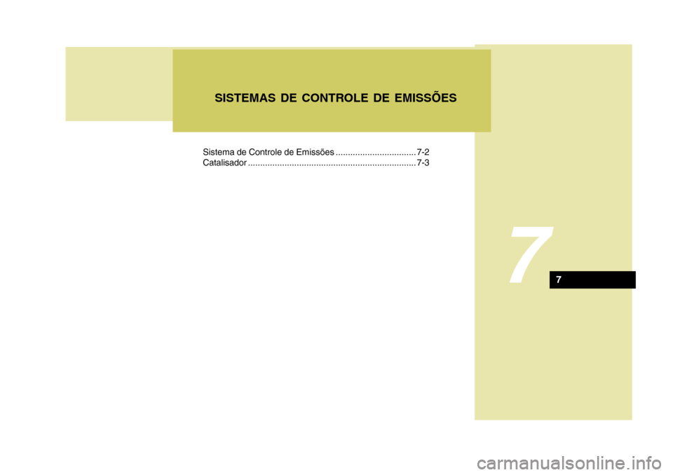 Hyundai Azera 2011  Manual do proprietário (in Portuguese) Sistema de Controle de Emissões ................................. 7-2 
Catalisador..................................................................... 7-3
7
SISTEMAS DE CONTROLE DE EMISSÕES
7 