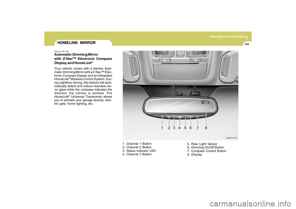 Hyundai Azera 2009  Owners Manual 1
FEATURES OF YOUR HYUNDAI
101
HOMELINK MIRRORB520C01NF-AATAutomatic-Dimming Mirror
with Z-Nav™ Electronic Compass
Display and HomeLink
®
Your vehicle comes with a Gentex Auto-
matic-Dimming Mirror