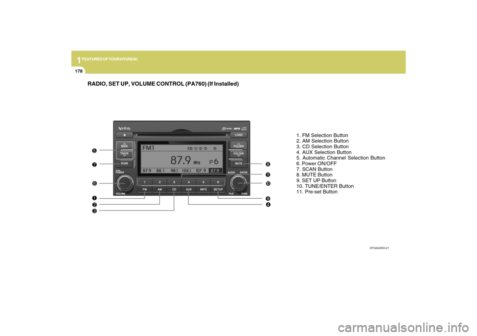 Hyundai Azera 2009  Owners Manual 1FEATURES OF YOUR HYUNDAI
178
RADIO, SET UP, VOLUME CONTROL (PA760) (If Installed)
1. FM Selection Button
2. AM Selection Button
3. CD Selection Button
4. AUX Selection Button
5. Automatic Channel Sel
