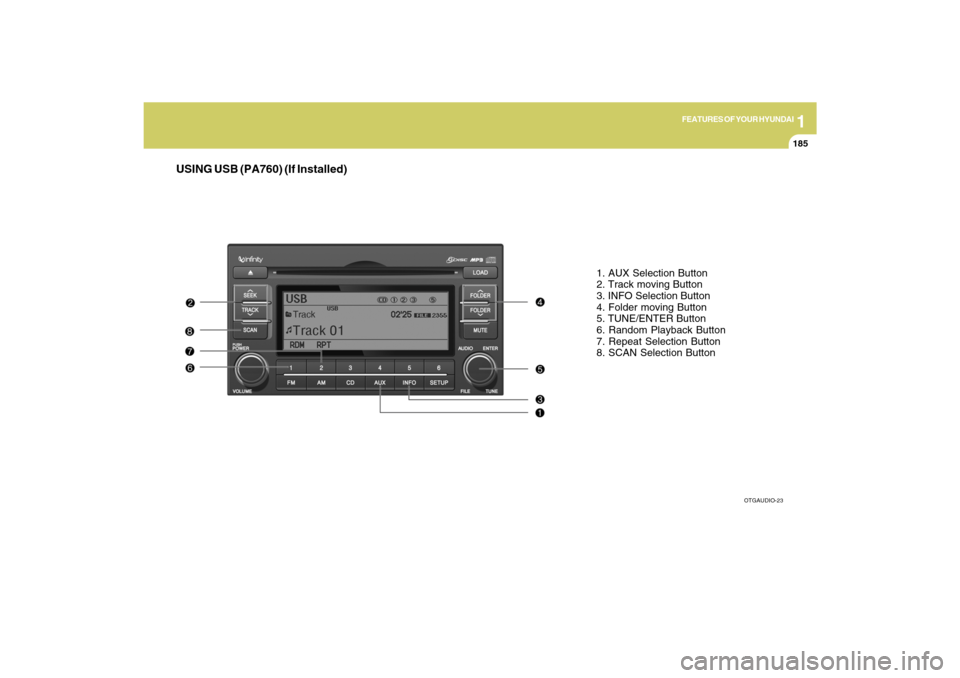 Hyundai Azera 2009  Owners Manual 1
FEATURES OF YOUR HYUNDAI
185
USING USB (PA760) (If Installed)
1. AUX Selection Button
2. Track moving Button
3. INFO Selection Button
4. Folder moving Button
5. TUNE/ENTER Button
6. Random Playback 