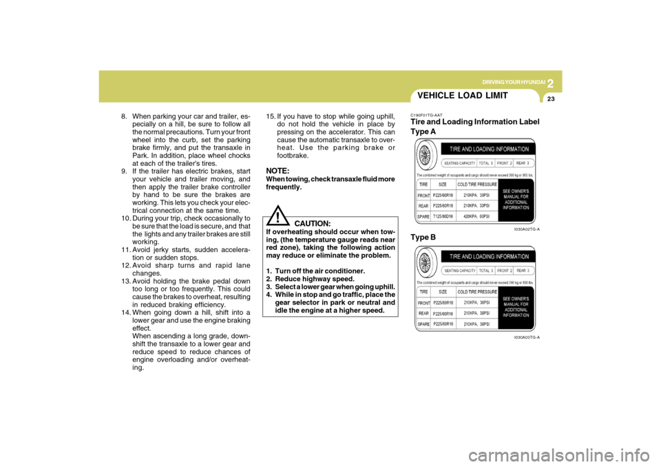 Hyundai Azera 2009 Owners Manual 2
DRIVING YOUR HYUNDAI
23
VEHICLE LOAD LIMITC190F01TG-AATTire and Loading Information Label
I030A02TG-AI030A03TG-A
Type A
Type B
8. When parking your car and trailer, es-
pecially on a hill, be sure t Hyundai Azera 2009 Owners Manual 2
DRIVING YOUR HYUNDAI
23
VEHICLE LOAD LIMITC190F01TG-AATTire and Loading Information Label
I030A02TG-AI030A03TG-A
Type A
Type B
8. When parking your car and trailer, es-
pecially on a hill, be sure t